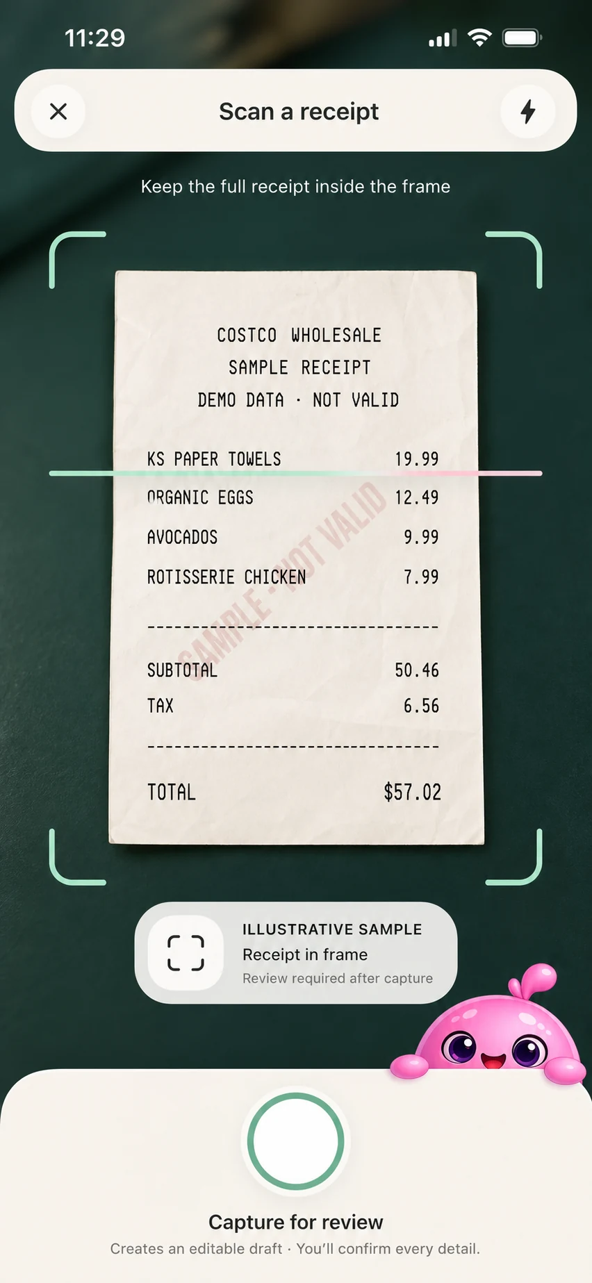 KindBudget premium receipt camera showing an illustrative Costco sample on iPhone